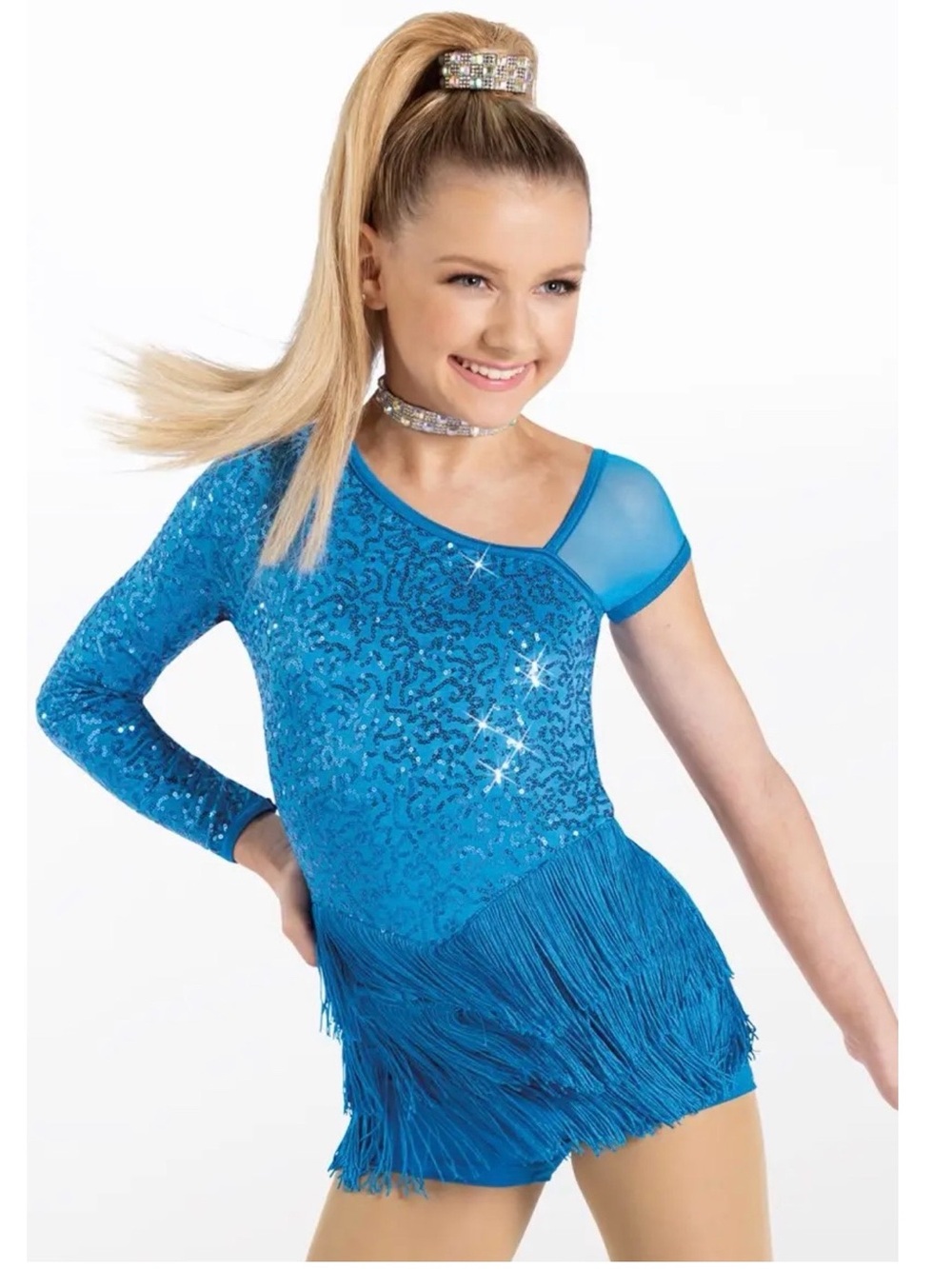 Weissman | Gloria Bright Blue One-Shoulder Sequin Fringe Dance Costume, IC